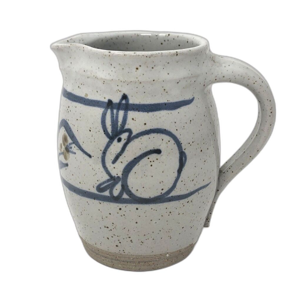 VTG Studio Art Pottery Pitcher Speckled Hand Crafted Salt Glazed Cobalt Bunny